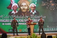 Foto: Bupati PPU, Mudyat Noor, tengah memberikan sambutan di acara Halal Bihalal dan pelantikan pengurus NU, di Aula Masjid Islamic Center Penajam.