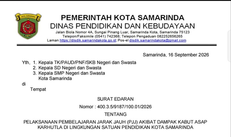 Foto: Surat edaran Pemkot Samarinda melalui Dinas Pendidikan Kota Samarinda terkait dengan pembelajaran jarak jauh (PJJ). 